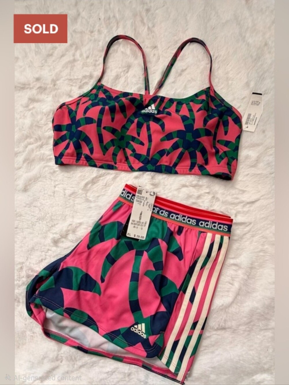 NWT Adidas x Farm Rio Bikini Top & Pacer Shorts | Magenta, XL
